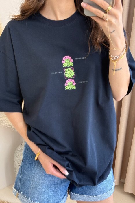 BOTH SIDE DESIGN ROUND NECK WOMEN T-SHIRT DARK BLUE/BEE - 2