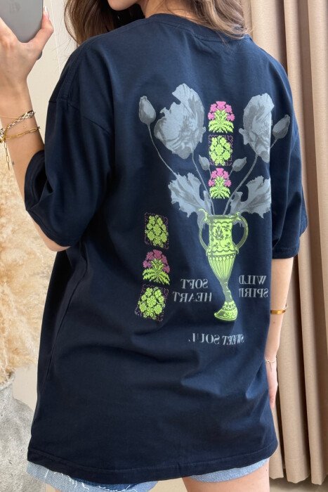BOTH SIDE DESIGN ROUND NECK WOMEN T-SHIRT DARK BLUE/BEE - 3