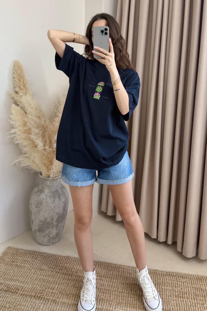 BOTH SIDE DESIGN ROUND NECK WOMEN T-SHIRT DARK BLUE/BEE - 4