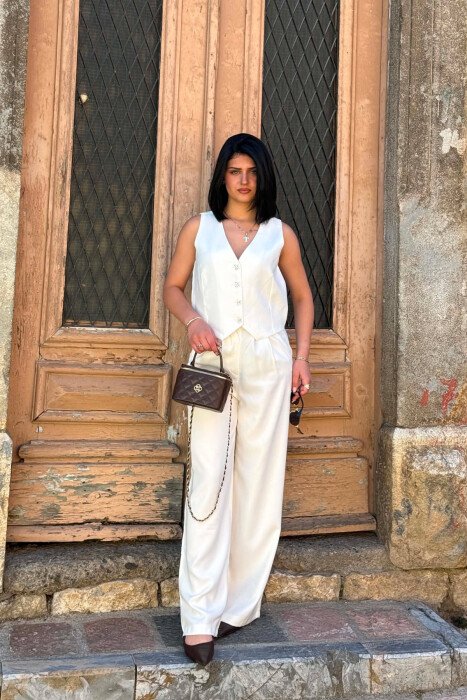 BOW DETAIL BUTTONS VEST + TROUSERS WOMAN SET WHITE-E BARDHE - KLAUDIO FASHION