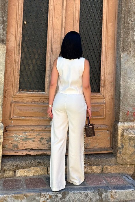 BOW DETAIL BUTTONS VEST + TROUSERS WOMAN SET WHITE-E BARDHE - 2
