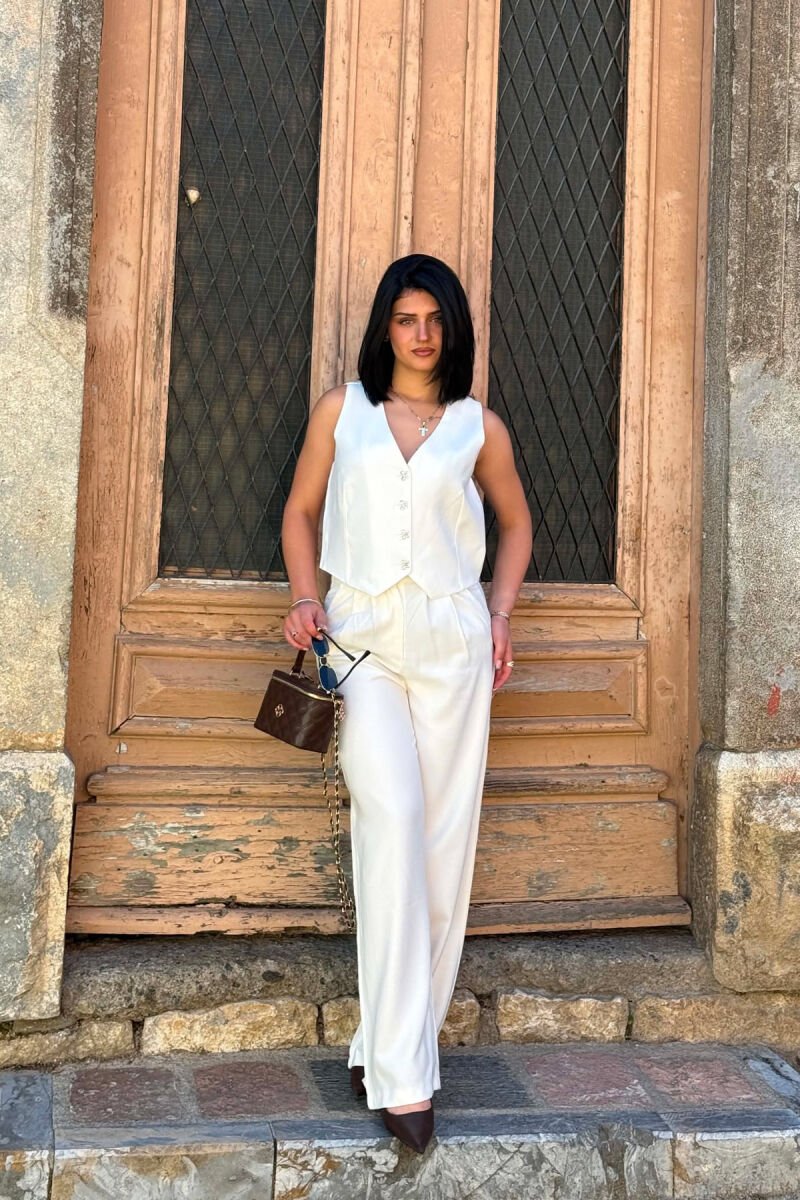 BOW DETAIL BUTTONS VEST + TROUSERS WOMAN SET WHITE-E BARDHE - 3