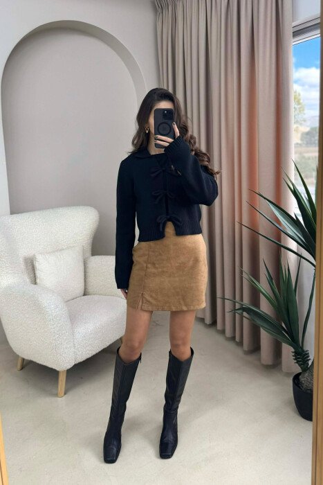 BOW DETAIL LACINGS ONE COLOR WOMEN CARDIGAN BLACK/ E ZEZE 