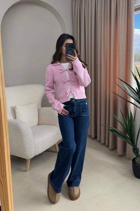BOW DETAIL LACINGS ONE COLOR WOMEN CARDIGAN PINK/ROZE 