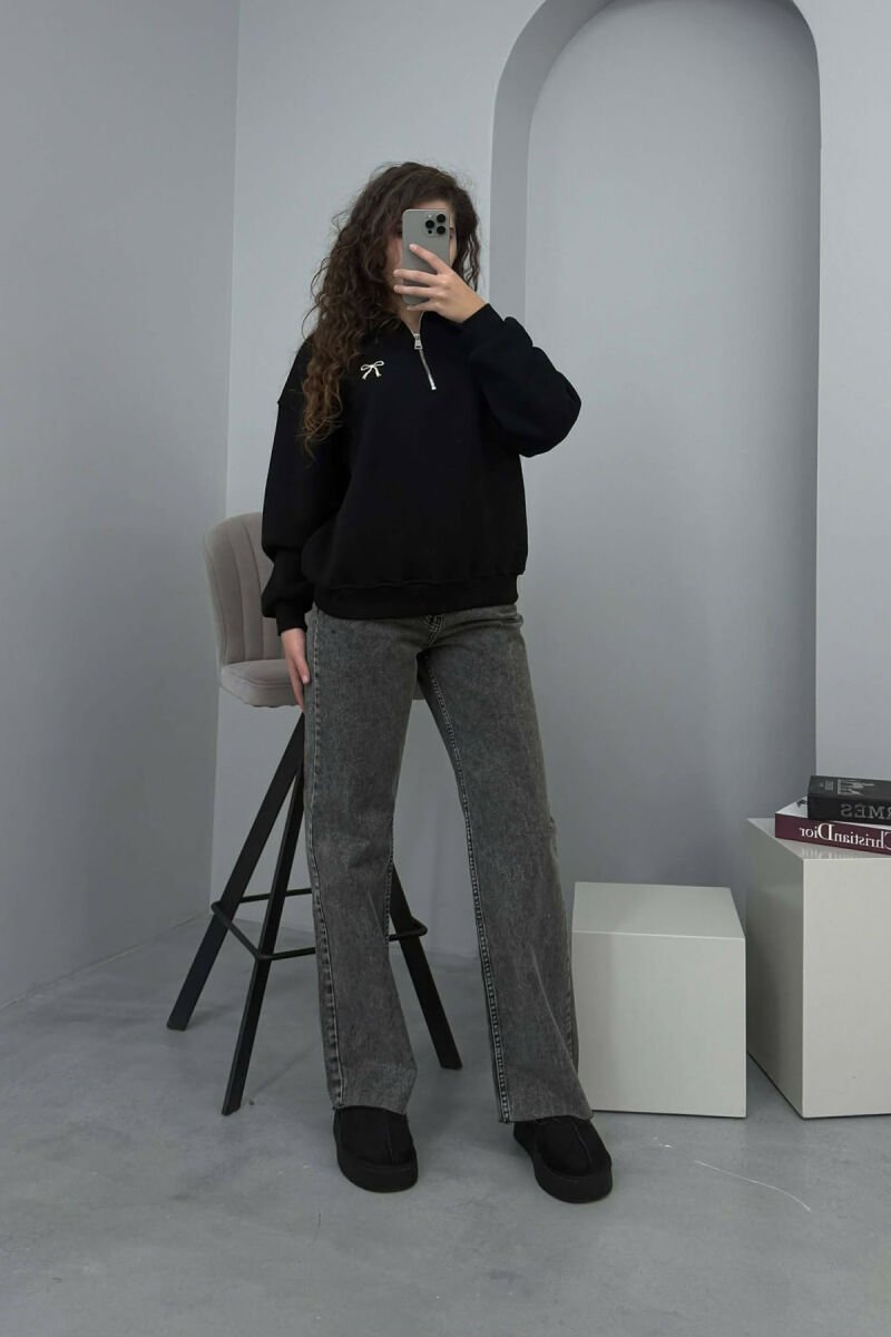 BOW DETAIL POLO NECK ZIPPER FLUFFY WOMEN SWEATSHIRT BLACK/ E ZEZE - 1