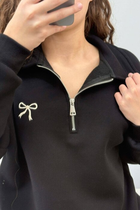 BOW DETAIL POLO NECK ZIPPER FLUFFY WOMEN SWEATSHIRT BLACK/ E ZEZE - 2
