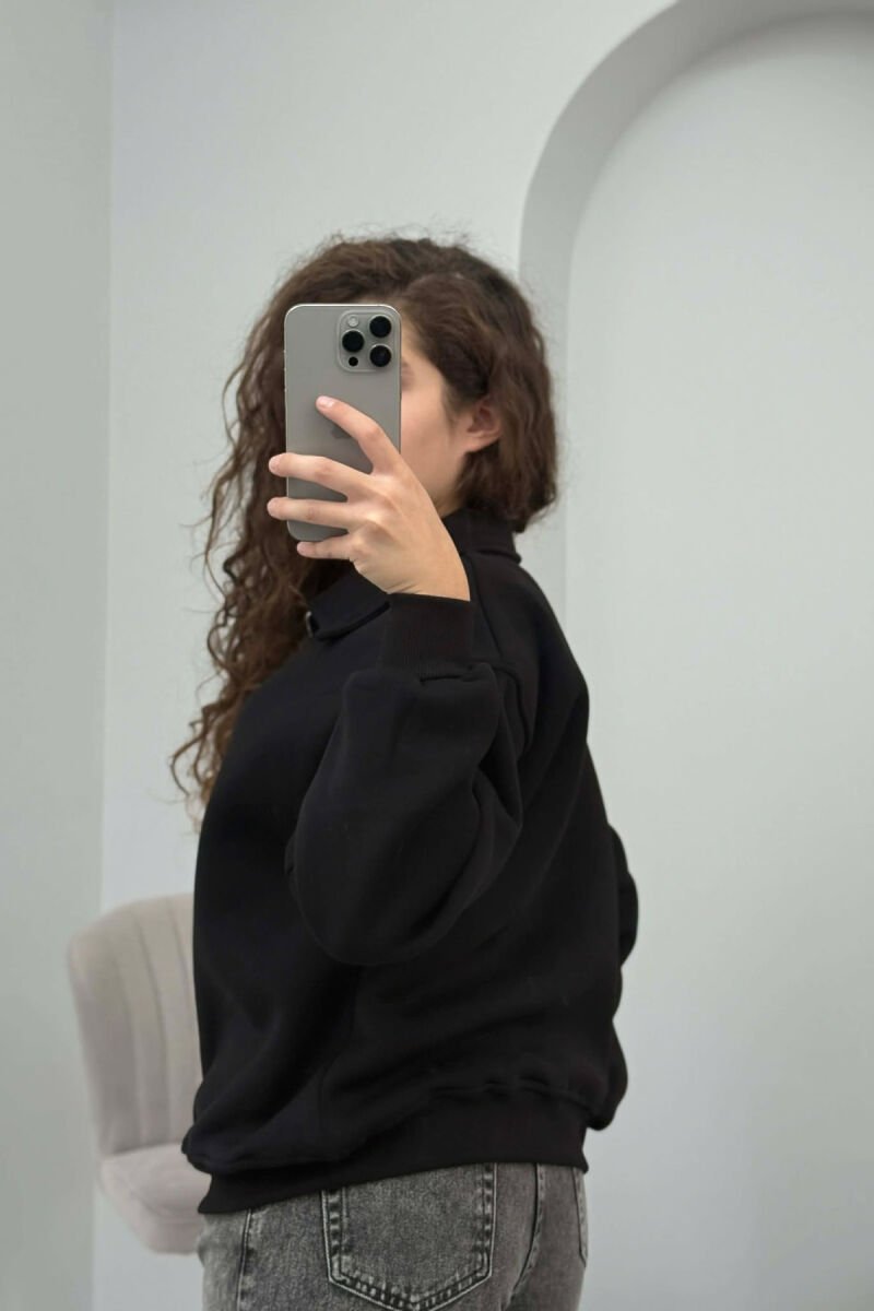 BOW DETAIL POLO NECK ZIPPER FLUFFY WOMEN SWEATSHIRT BLACK/ E ZEZE - 3