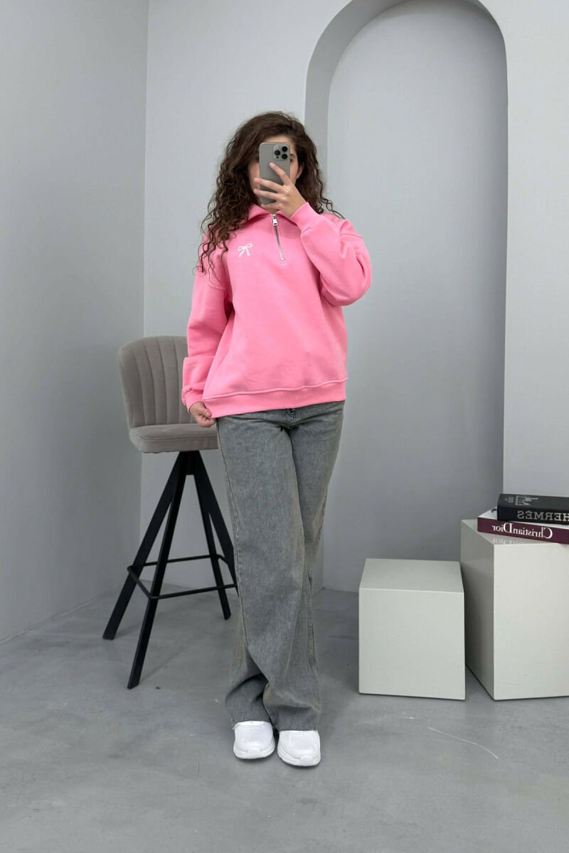 BOW DETAIL POLO NECK ZIPPER FLUFFY WOMEN SWEATSHIRT PINK/ROZE - 1