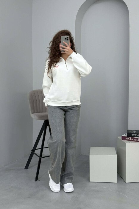 BOW DETAIL POLO NECK ZIPPER FLUFFY WOMEN SWEATSHIRT WHITE-E BARDHE - KLAUDIO FASHION