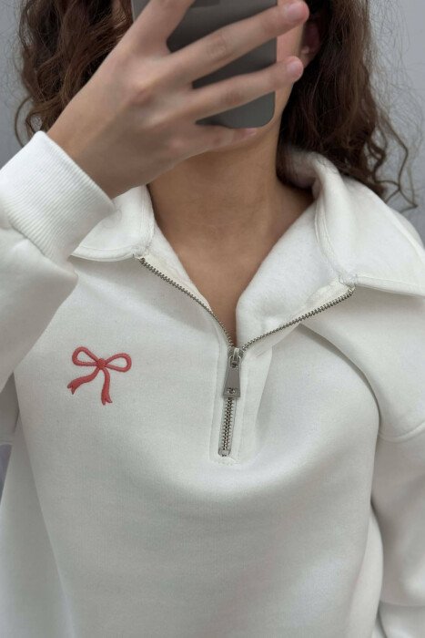BOW DETAIL POLO NECK ZIPPER FLUFFY WOMEN SWEATSHIRT WHITE-E BARDHE - 2