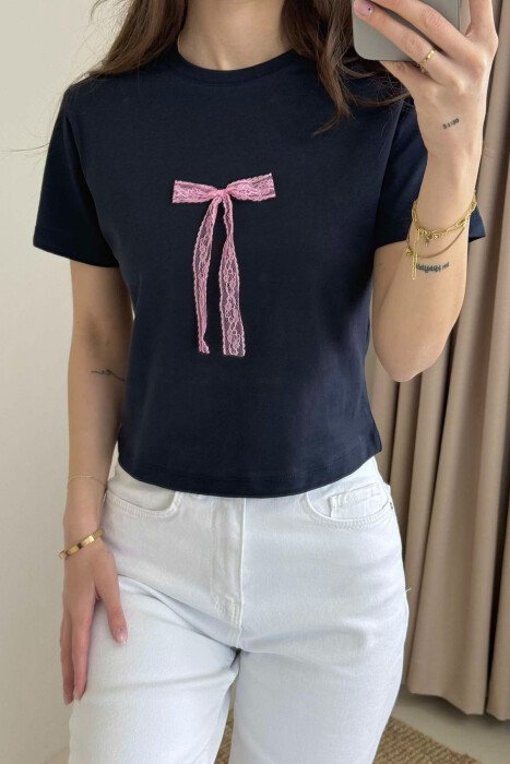 BOW DETAIL ROUND NECK ONE COLOR WOMEN T-SHIRT DARK BLUE/BEE - 2