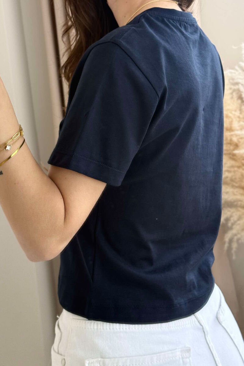BOW DETAIL ROUND NECK ONE COLOR WOMEN T-SHIRT DARK BLUE/BEE - 3