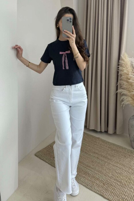 BOW DETAIL ROUND NECK ONE COLOR WOMEN T-SHIRT DARK BLUE/BEE - 1