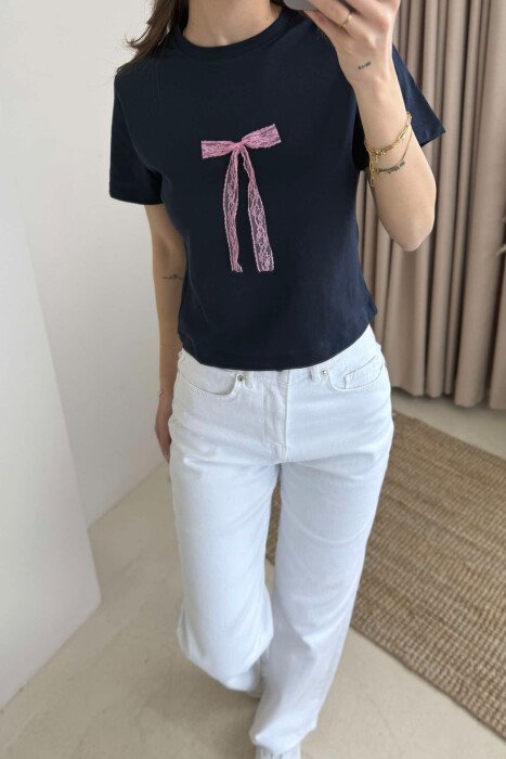 BOW DETAIL ROUND NECK ONE COLOR WOMEN T-SHIRT DARK BLUE/BEE - 4