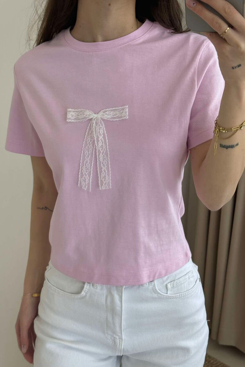 BOW DETAIL ROUND NECK ONE COLOR WOMEN T-SHIRT PINK/ROZE - 2