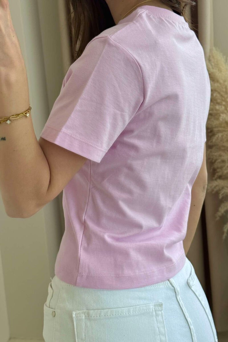 BOW DETAIL ROUND NECK ONE COLOR WOMEN T-SHIRT PINK/ROZE - 3
