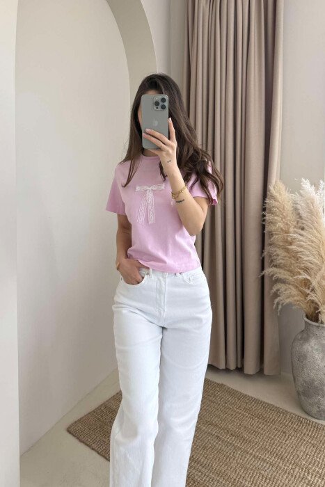 BOW DETAIL ROUND NECK ONE COLOR WOMEN T-SHIRT PINK/ROZE - 1