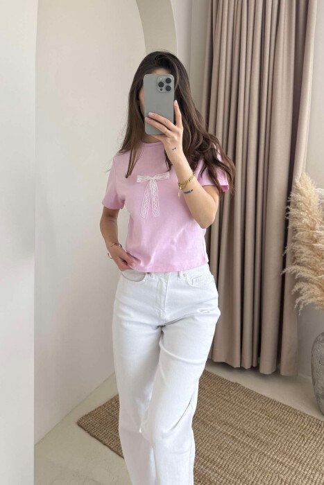 BOW DETAIL ROUND NECK ONE COLOR WOMEN T-SHIRT PINK/ROZE - 4