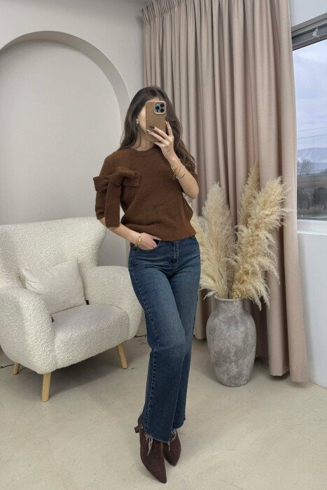 BOW DETAIL SHORT SLEEVES WOMEN SWEATER BROWN/KAFE - 1