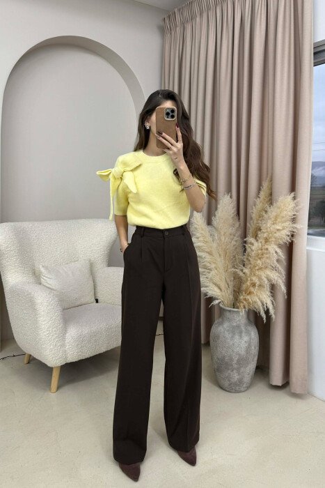 BOW DETAIL SHORT SLEEVES WOMEN SWEATER YELLOW/E VERDHE - KLAUDIO FASHION