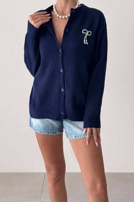 BOW DETAIL WOMEN CARDIGAN DARK BLUE/BEE - KLAUDIO FASHION