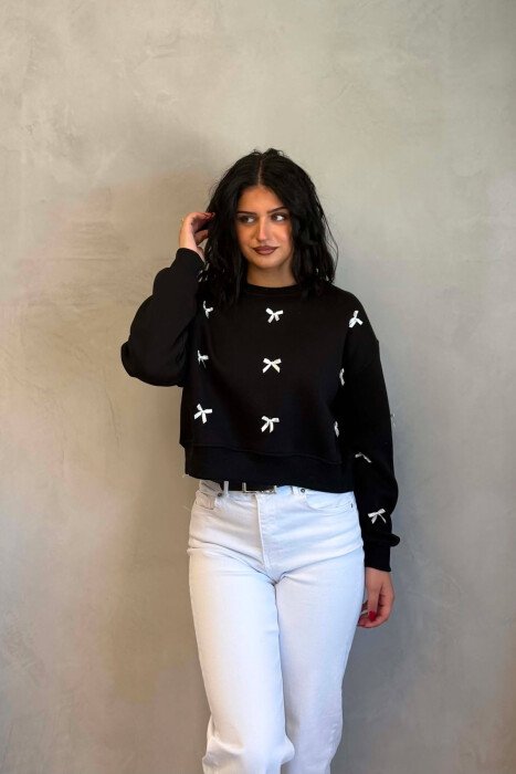 BOW DETAILS FLUFFY WOMAN SWEATSHIRT BLACK/ E ZEZE - KLAUDIO FASHION