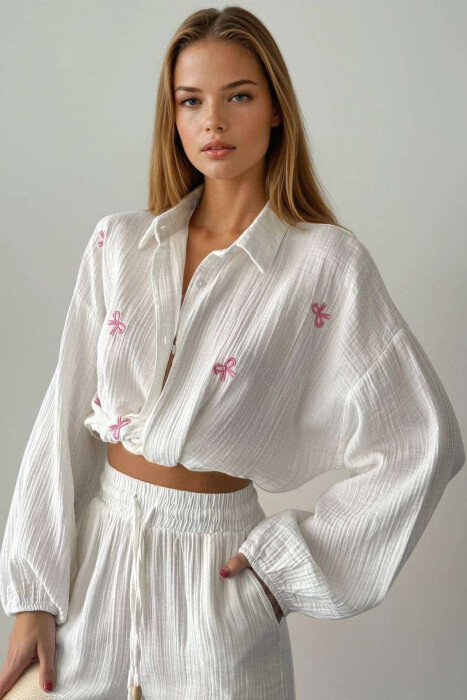 BOW DETAILS ONE COLOR WOMEN SHIRT WHITE-E BARDHE - KLAUDIO FASHION