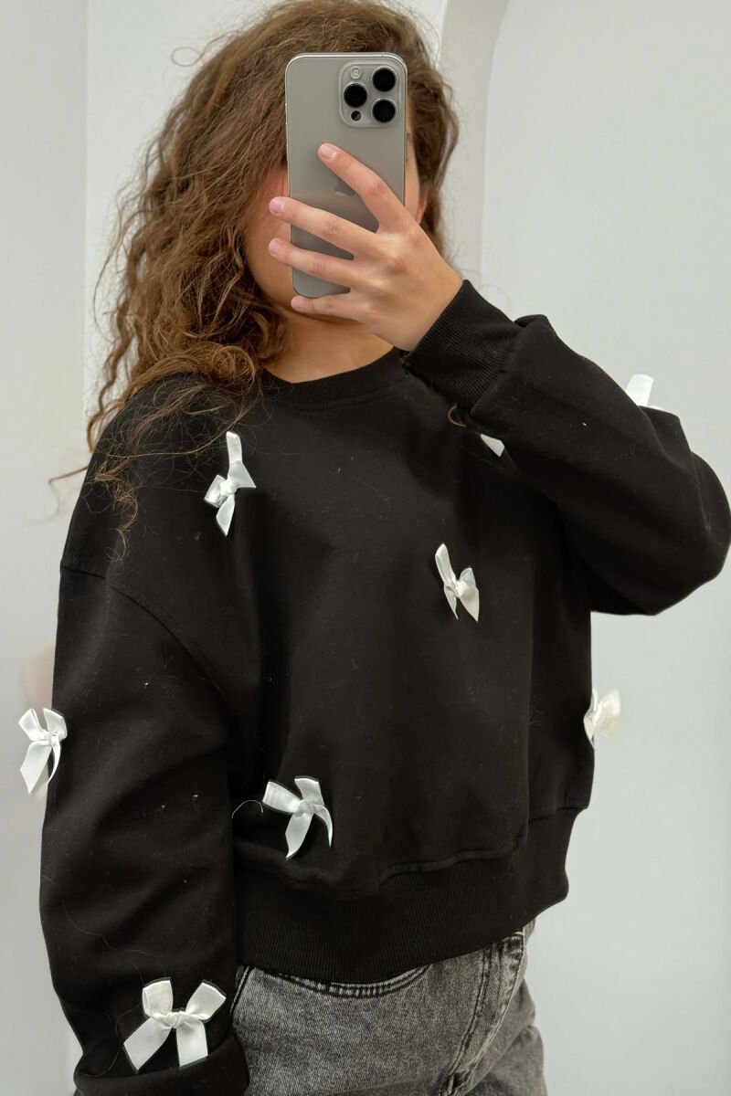 BOW DETAILS ROUND NECK WOMEN SWEATSHIRT BLACK/ E ZEZE - 1