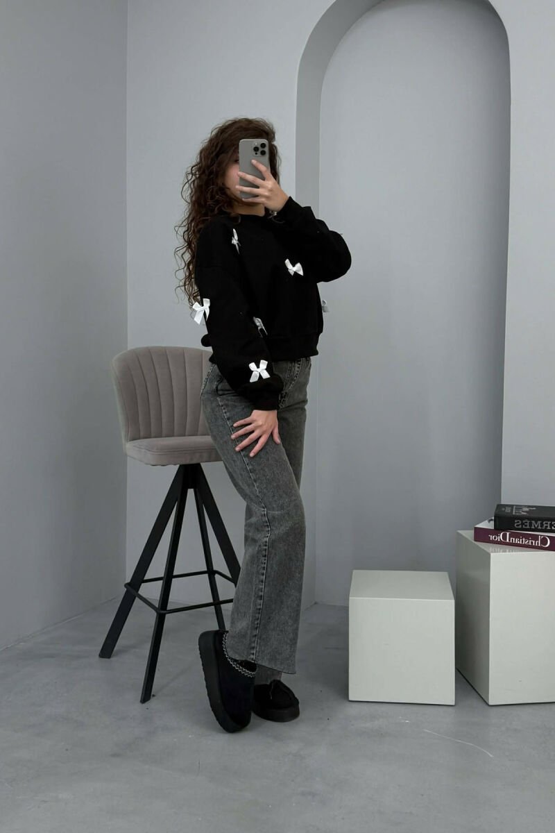 BOW DETAILS ROUND NECK WOMEN SWEATSHIRT BLACK/ E ZEZE - 2