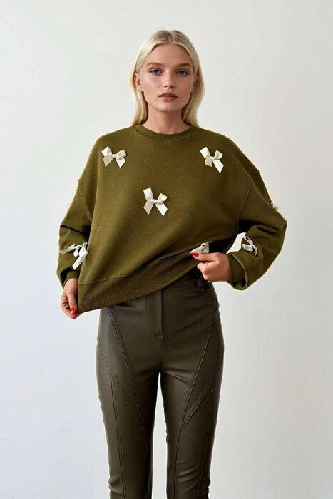 BOW DETAILS ROUND NECK WOMEN SWEATSHIRT OLIVE/ULLI 