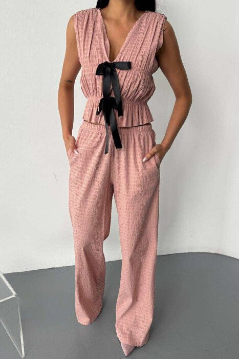 BOW DETAILS VEST + TROUSERS WOMAN TWO PIECE SET POWDER/PUDER 
