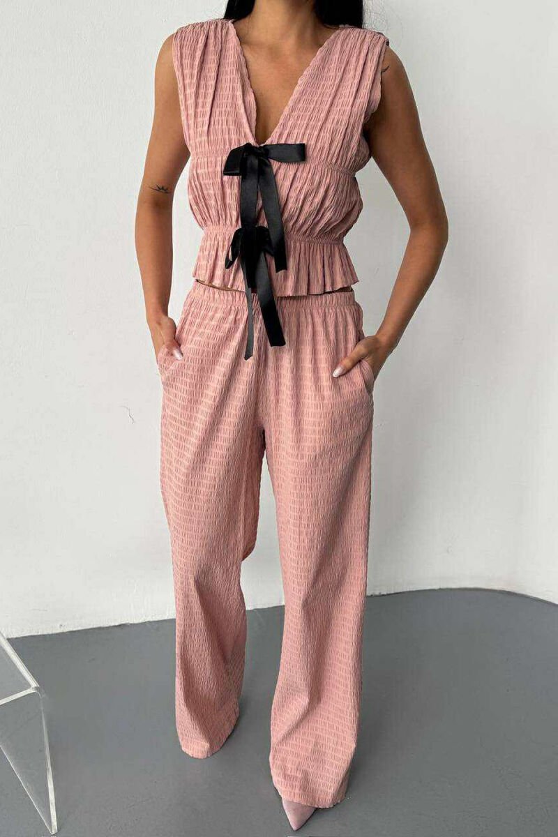 BOW DETAILS VEST + TROUSERS WOMAN TWO PIECE SET POWDER/PUDER - 1