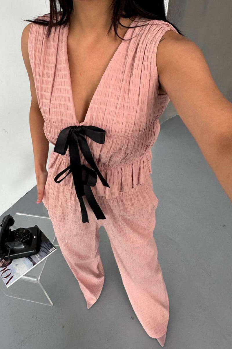 BOW DETAILS VEST + TROUSERS WOMAN TWO PIECE SET POWDER/PUDER - 2