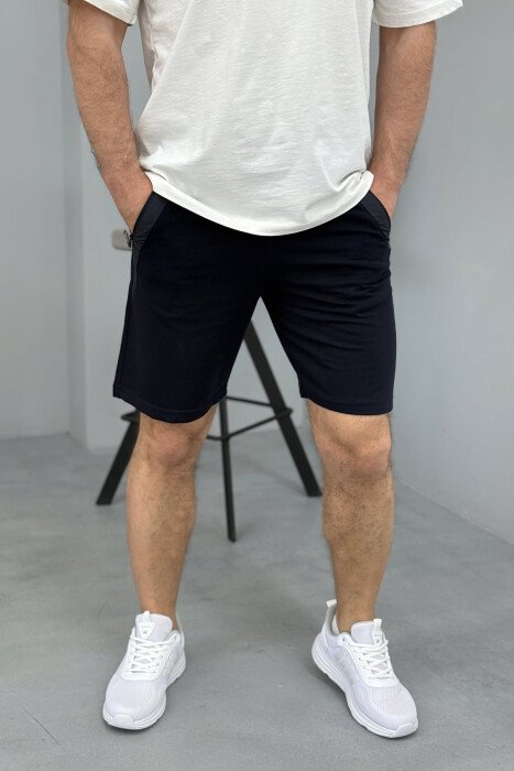 BROKED RULES WRITTING ZIPPER POCKETS MEN SHORT SWEATPANTS DARK BLUE/BEE - 1