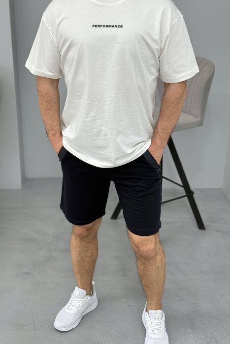 BROKED RULES WRITTING ZIPPER POCKETS MEN SHORT SWEATPANTS DARK BLUE/BEE - 3