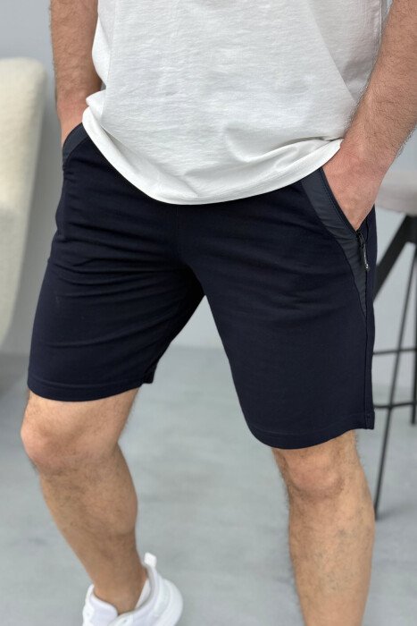 BROKED RULES WRITTING ZIPPER POCKETS MEN SHORT SWEATPANTS DARK BLUE/BEE - 4