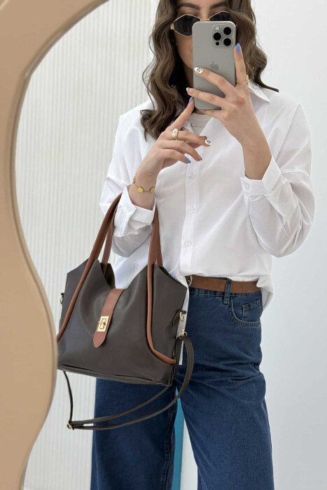 BUCKLE SIMPLE LEATHER WOMEN BAG DARK BROWN/KAE 