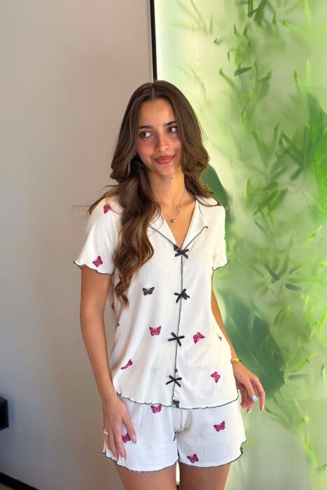 BUTTERFLY DESIGN SHIRT + SHORTS WOMAN PYJAMAS POWDER/PUDER - KLAUDIO FASHION