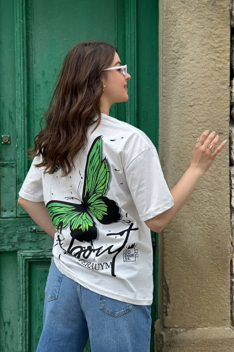 BUTTERFLY IMAGE WRITTINGS WOMEN T-SHIRT WHITE-E BARDHE - 4