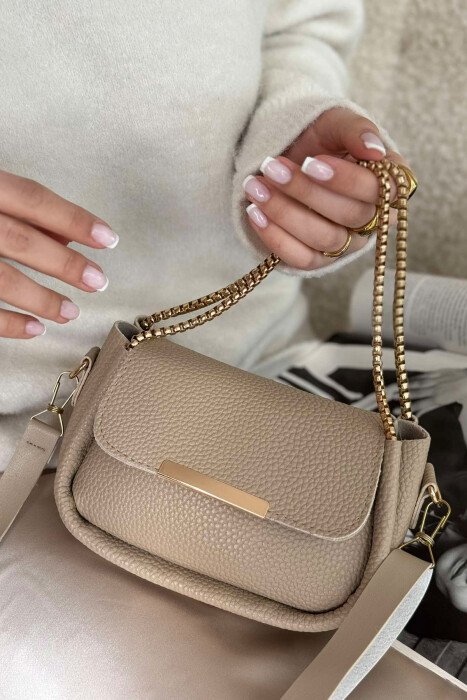 BUTTON DETAIL LEATHER WOMEN BAG BEIGE/BEZHE - 4