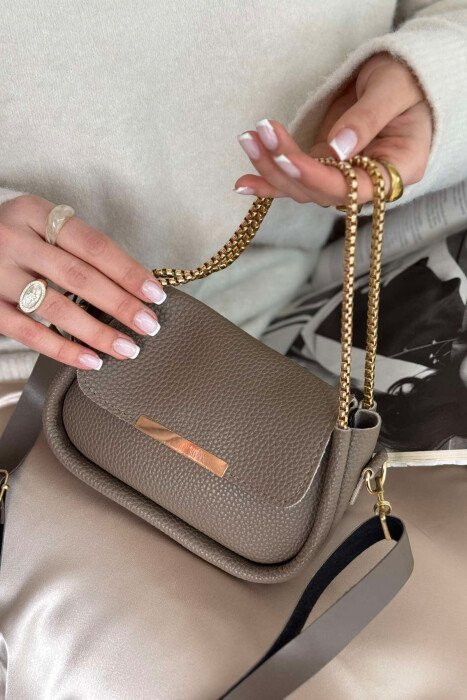BUTTON DETAIL LEATHER WOMEN BAG LIGHT BROWN/KAZB - 3