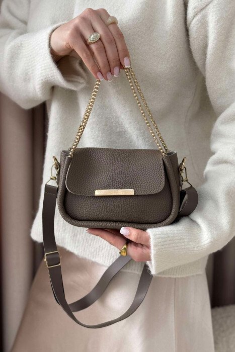 BUTTON DETAIL LEATHER WOMEN BAG LIGHT BROWN/KAZB - 5