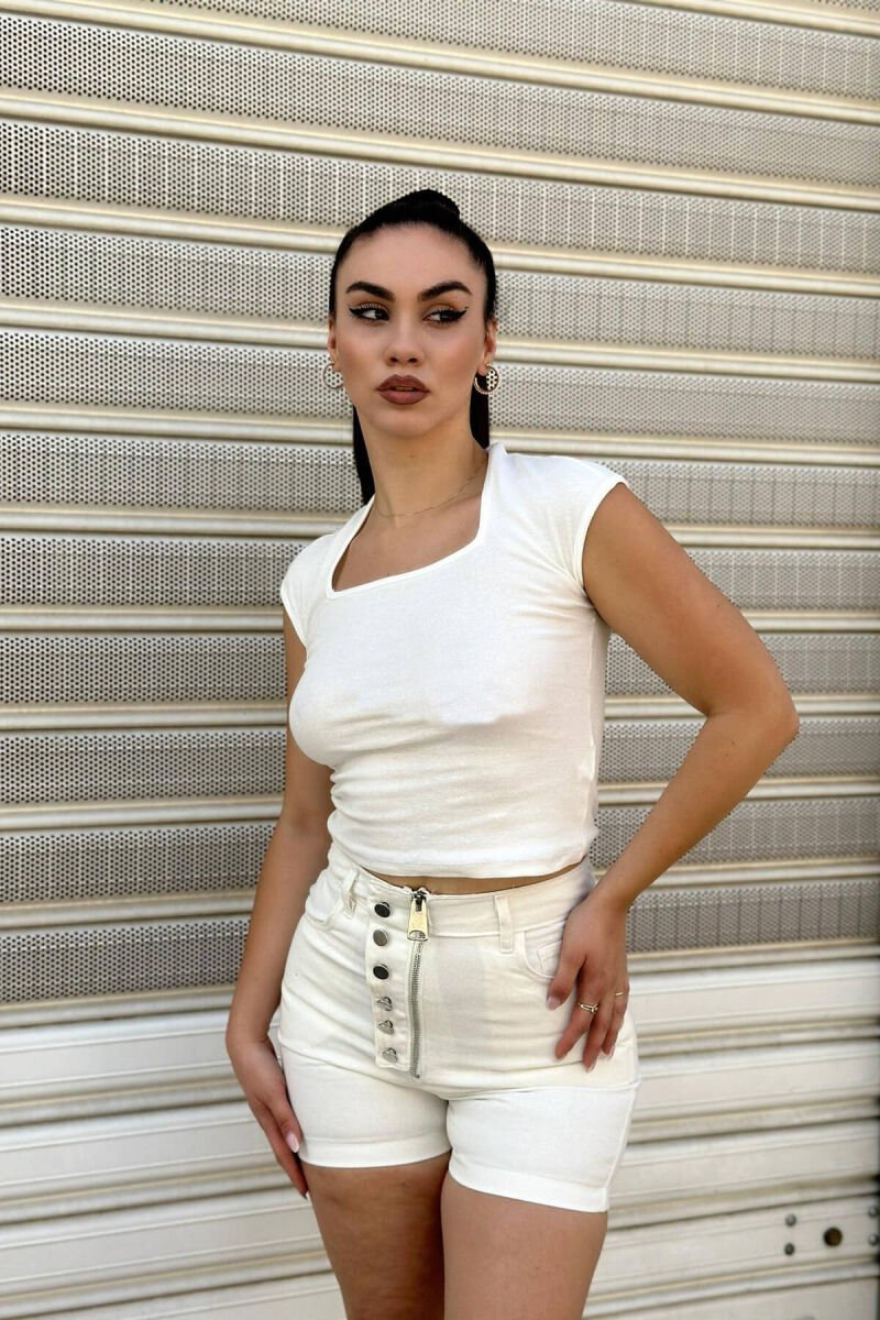 BUTTON DETAIL WOMAN SHORT JEANS WHITE-E BARDHE - 3