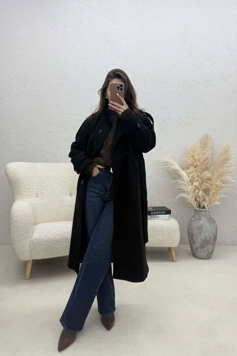 BUTTON DETAILS LONG WOMAN COAT BLACK/ E ZEZE - KLAUDIO FASHION