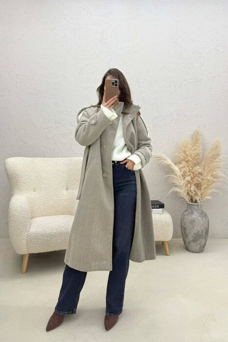 BUTTON DETAILS LONG WOMAN COAT GREY/GRI - 4