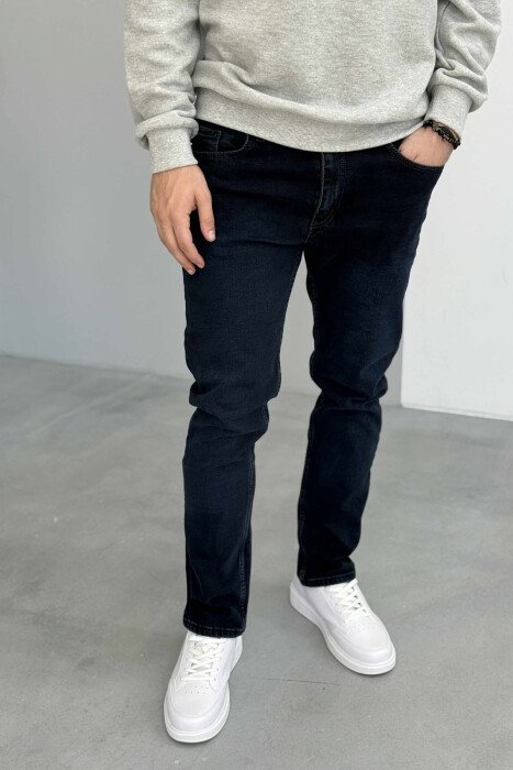 BUTTON FLY STRAIGHT LEG MEN JEANS DARK BLUE/BEE - 1