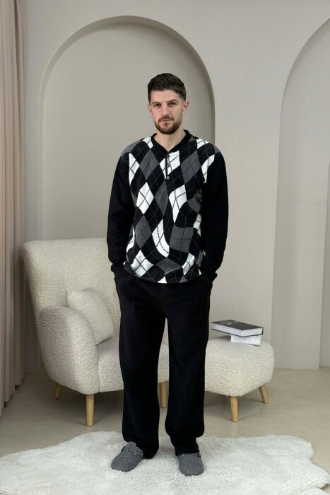 BUTTON NECK SWEATSHIRT+SWEATPANTS MEN PYJAMAS BLACK-GREY/ZEGR - KLAUDIO FASHION