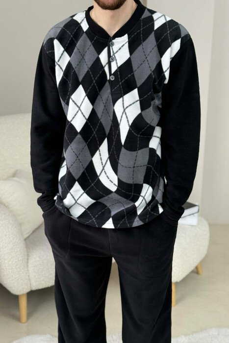 BUTTON NECK SWEATSHIRT+SWEATPANTS MEN PYJAMAS BLACK-GREY/ZEGR - 2