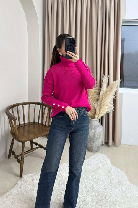 BUTTON SLEVEE HIGH NECK WOMAN SWEATER FUCHSIA/CIKLAMI - 1