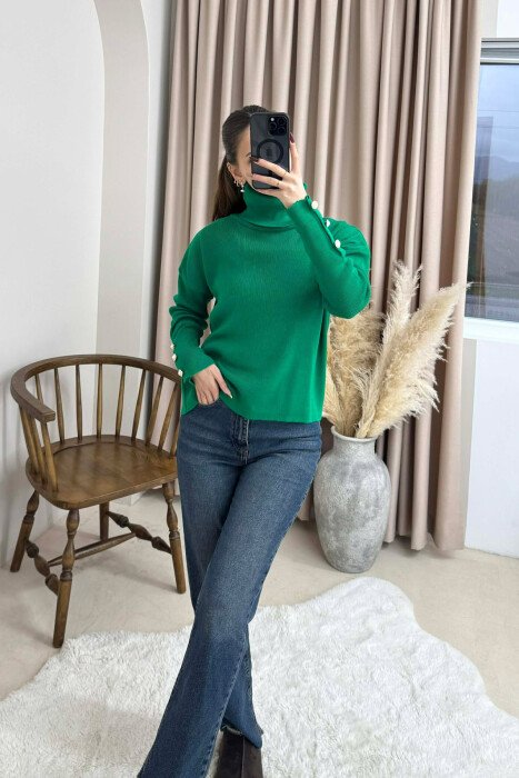 BUTTON SLEVEE HIGH NECK WOMAN SWEATER GREEN/JESHILE 
